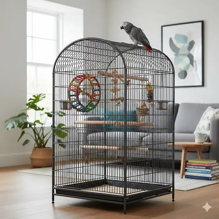 A large indoor African Grey parrot cage meeting recommended UK size dimensions, featuring natural wood perches and stainless steel bowls. african grey parrot cage size
