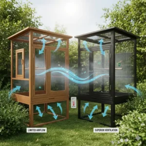 A technical diagram showing natural airflow and ventilation paths through a wooden aviary vs a metal enclosure during a British summer.