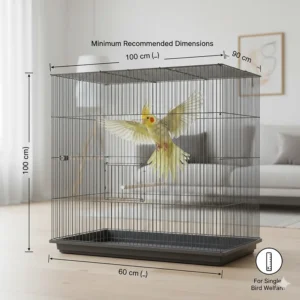 Illustration showing the minimum recommended cockatiel cage dimensions for a single bird to fly and stretch.