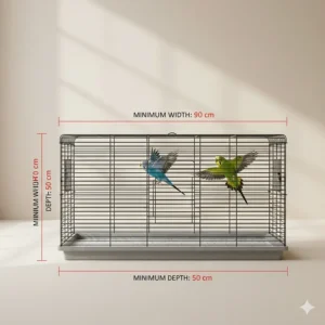 Diagram showing the minimum recommended cage dimensions for two budgerigars to fly comfortably.