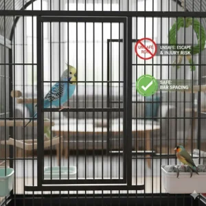 Close-up illustration of safe bird cage bar spacing measurements to prevent injury or escape.