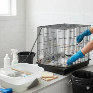 Illustration showing the correct way to clean a bird cage and replace floor lining.