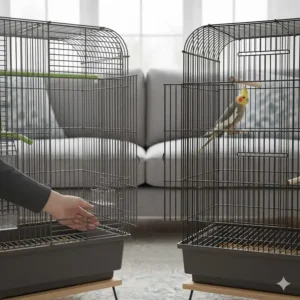 Comparison of Vision's pivot doors and Prevue’s large landing-style front doors for easy bird access.