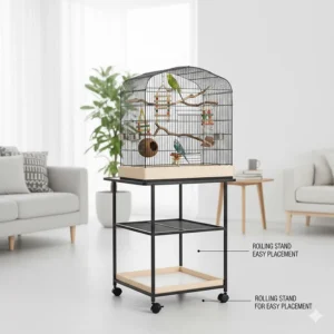 A stylish black metal cage for 2 budgies on a rolling stand placed in a bright UK living room.