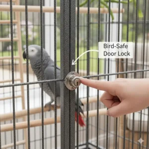 Detail of a clockwise-turning bird-safe door lock on a large wrought iron parrot cage.