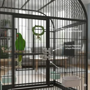 Close-up of secure, bird-proof door locks and escape-resistant latches on a large parrot cage.
