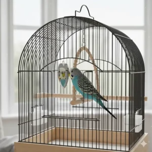 A blue budgie perched inside a compact small bird cage with a swing and mirrors.