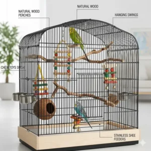 Interior view of a cage for 2 budgies with varied perches, swings, and enrichment toys.