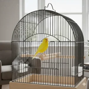 A yellow canary singing inside a high-quality small bird cage with wooden perches.