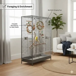 A selection of bird-safe toys and foraging accessories hanging inside a spacious cockatiel cage.