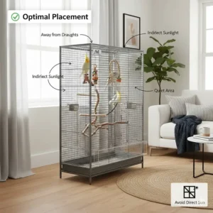Illustration of a cockatiel cage placed against a wall, away from draughts and direct sunlight in a home.