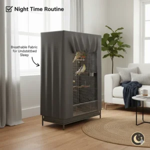 An illustration of a cockatiel cage partially covered with a breathable fabric for a dark, quiet night's sleep.