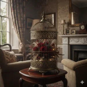 An ornamental antique-style bird cage used as a Victorian-inspired home accessory.
