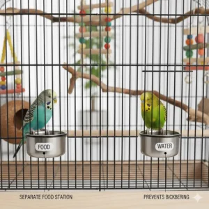 Illustration of separate feeding and watering stations inside a cage to prevent bickering between two birds.