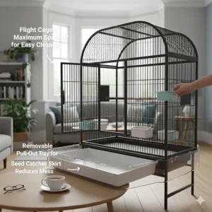 A diagram showing a bird cage with a removable pull-out tray and seed catcher for easy maintenance.