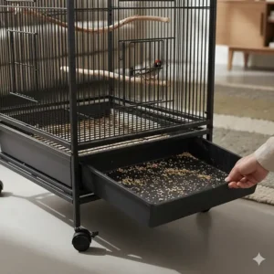 A slide-out plastic cleaning tray at the base of a tall flight cage for finches.