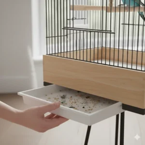 Close-up of a small bird cage featuring a slide-out debris tray for easy cleaning.