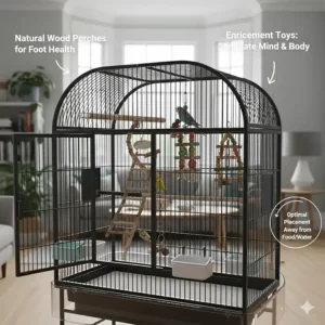 Internal view of a bird cage with natural wood perches and enrichment toys arranged for optimal bird welfare.