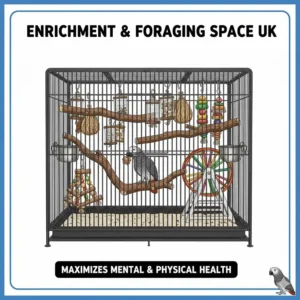 Example of a well-organised African Grey cage layout with plenty of room for foraging toys and exercise.