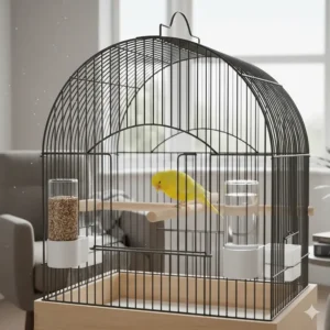 Close-up of external seed and water feeders attached to the side of a small bird cage.