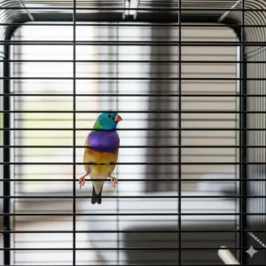 Close-up of narrow bar spacing on a tall flight cage to ensure finch safety.