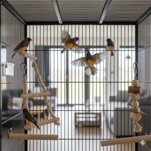 Zebra finches and Gouldian finches flying between perches in a spacious tall flight cage.