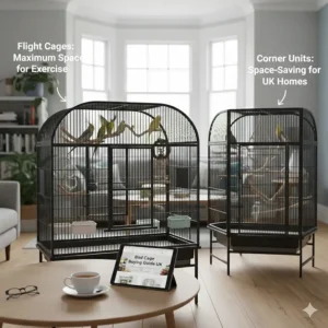 An illustration of different cage styles including flight cages and space-saving corner units for British homes.