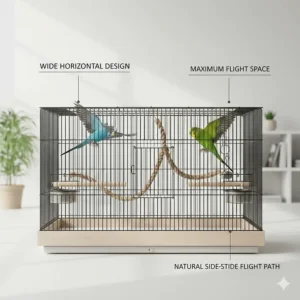 Illustration of a wide horizontal flight cage for 2 budgies, allowing for natural side-to-side flight.