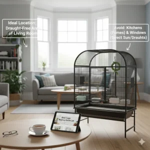 An illustration showing the best placement for a bird cage in a draught-free area of a British living room.
