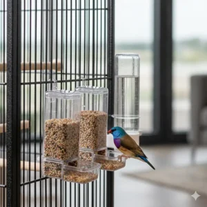 Transparent plastic seed feeders and water dispensers attached to a tall finch aviary.