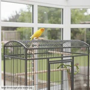 A large parrot cage featuring an integrated roof-top play area with ladders and wooden perches.