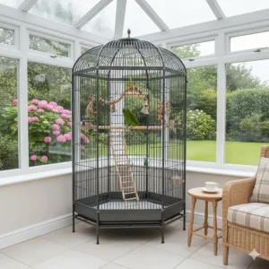 A stylish large corner parrot cage placed in a brightly lit UK conservatory with perches and toys.