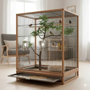 A large indoor flight bird cage with natural wood perches and water dispensers.