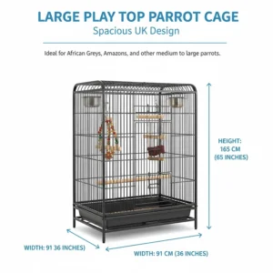 Illustration showing the generous dimensions of a large play top cage suitable for African Greys or Amazons.
