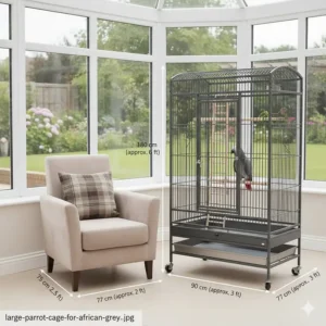 Illustration showing the height and width of a large parrot cage compared to a standard UK living room chair.