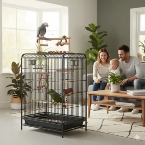 A large parrot cage with a play top integrated into a modern UK home interior to encourage pet socialisation.