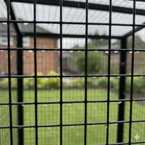 Detailed view of powder-coated metal mesh on a bird aviary, highlighting rust-resistant properties suitable for the humid UK climate.