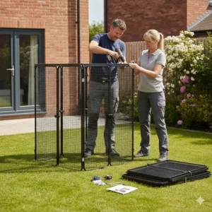 A couple assembling lightweight modular metal aviary panels in a residential UK garden, demonstrating a quick and easy build process.