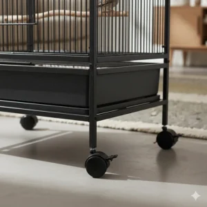 A tall flight cage for finches mounted on a sturdy rolling stand with lockable wheels.