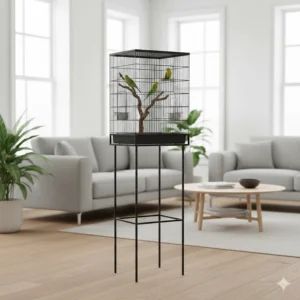 A modern black wire bird cage positioned on a sturdy floor stand in a living room.