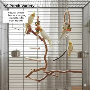 Various non-toxic natural wood perches of different diameters inside a cockatiel cage to promote foot health.
