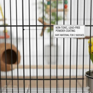 Detailed view of non-toxic, lead-free powder coating on a sturdy cage for 2 budgies.