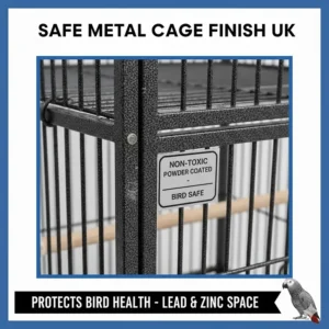 Illustration of a bird-safe, non-toxic powder-coated finish on a heavy-duty African Grey cage.
