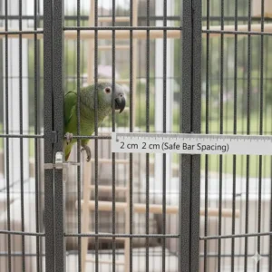 Close-up diagram of 2cm bar spacing on a large parrot cage to ensure bird safety and security.