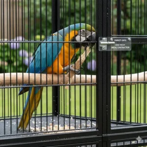 A large Blue and Yellow Macaw inside a metal aviary, showing why chew-proof steel construction is safer for parrots than wooden frames.