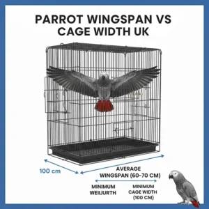 Illustration of an African Grey extending its wings inside a cage to demonstrate necessary horizontal clearance.