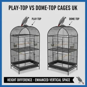 Comparison of play-top and dome-top cage styles for African Grey parrots showing height differences.