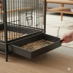 Demonstration of the removable slide-out metal tray for easy cleaning of a large play top parrot enclosure.