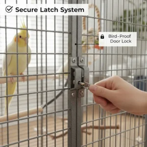 Illustration of a bird-proof door latch on a cockatiel cage to prevent accidental escapes.