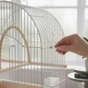 Detail of a bird-safe spring lock on the front door of a white small bird cage.